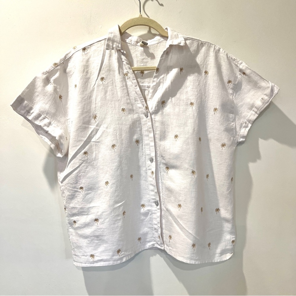 Malai Linen/Cotton Short Sleeve Blouse White Embroidered Palm trees Lg Tropical